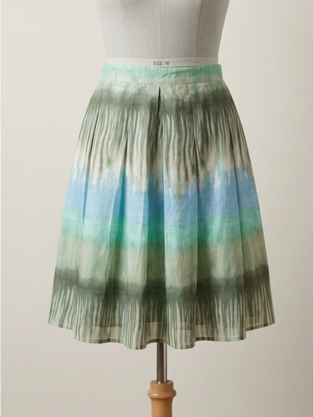 100% Silk Y2K Watercolor Pleated Midi Skirt Green Blue Ombre 16W Fairycore
